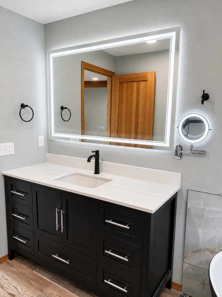 Remodeled bathroom with black shaker vanity, white quartz countertop, matte black faucet and backlit LED mirror in Port Orchard, WA