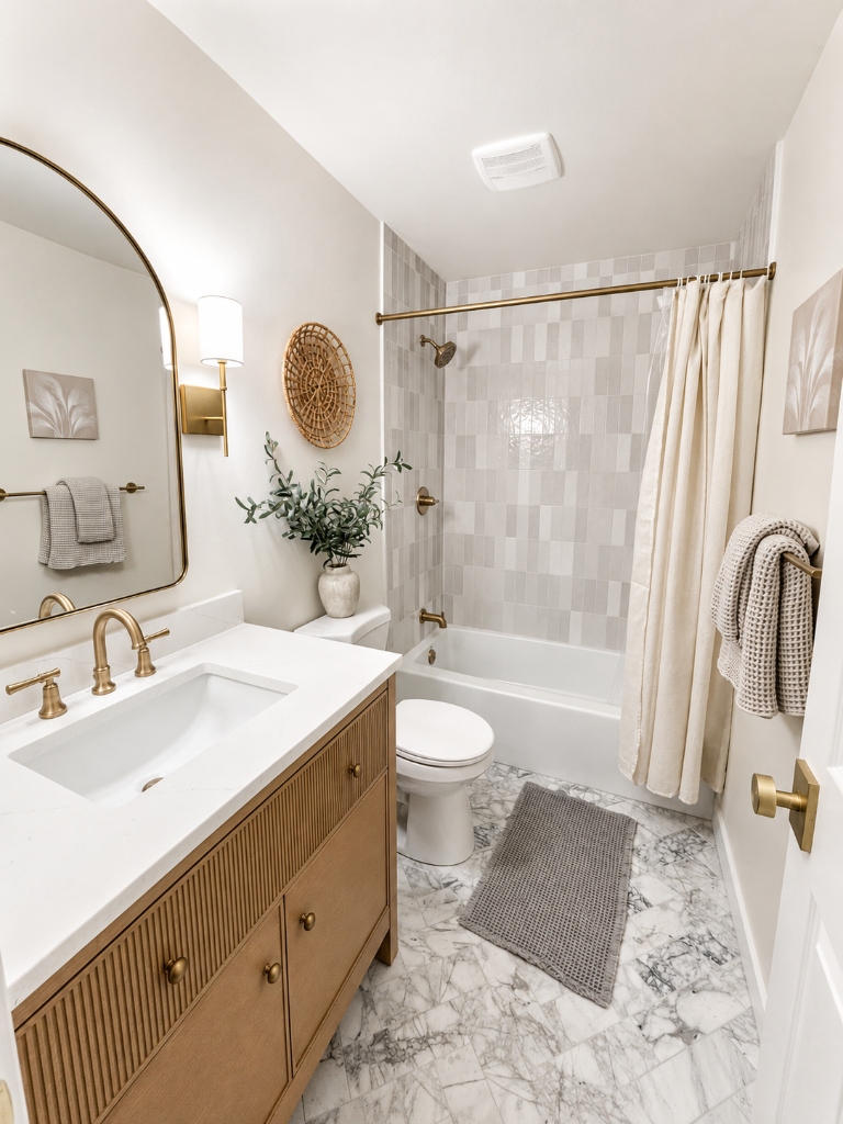 Remodeled guest bathroom with fluted oak vanity, brushed brass fixtures, arched mirror, marble tile floor and vertical stacked tile tub-shower in Kitsap County, WA