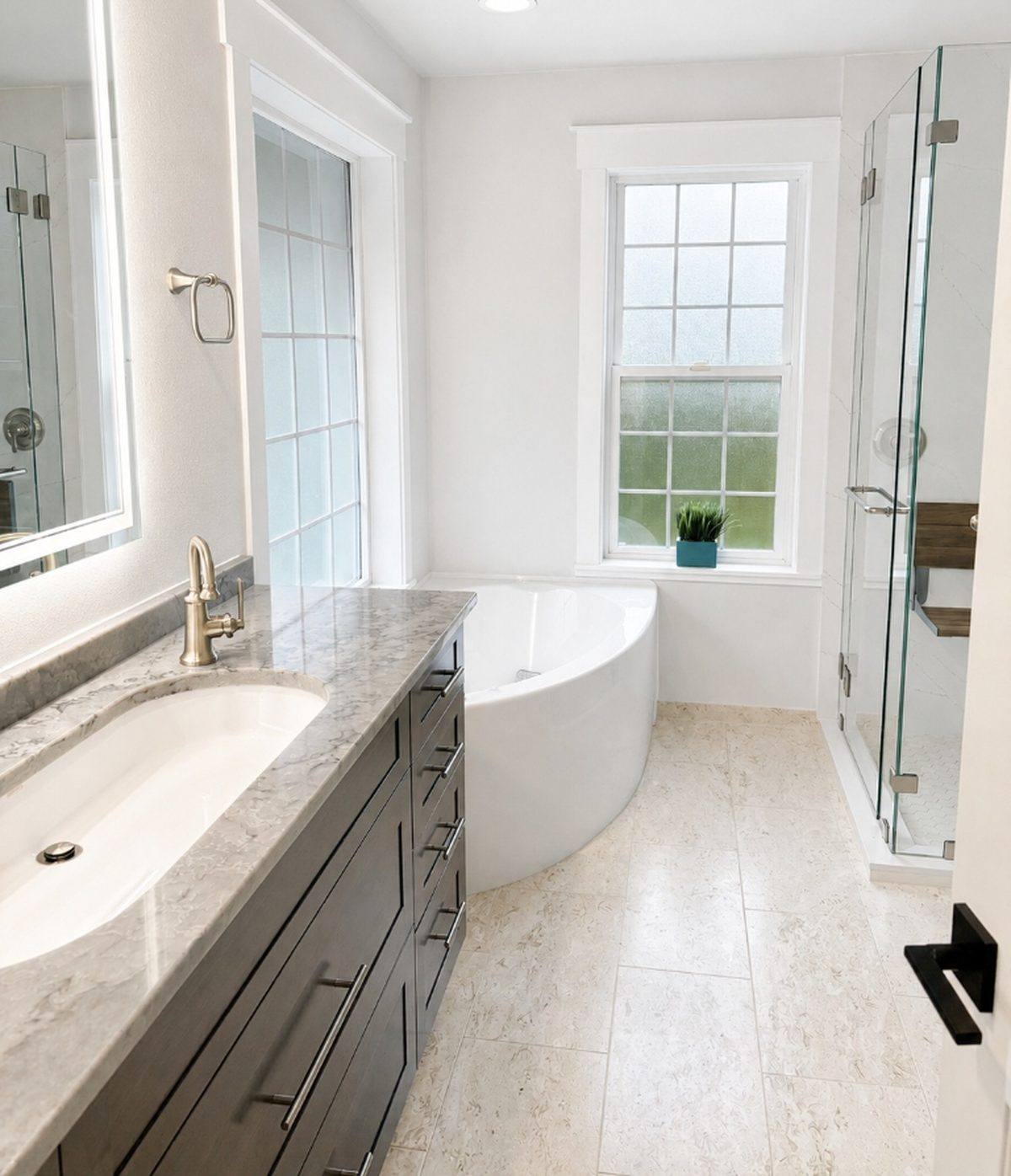 Remodeled bathroom with marble-top vanity, freestanding soaking tub and glass shower in Kitsap County, WA