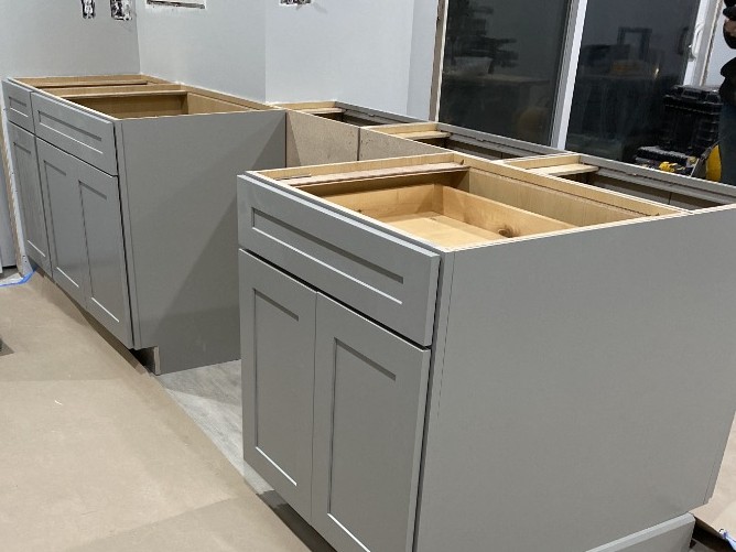 New shaker base cabinets set during a kitchen remodel in Kitsap County, WA
