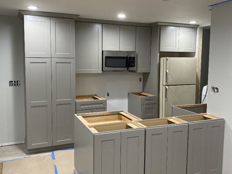 Kitchen cabinetry installed and leveled ahead of countertop templating on a Kitsap County, WA remodel
