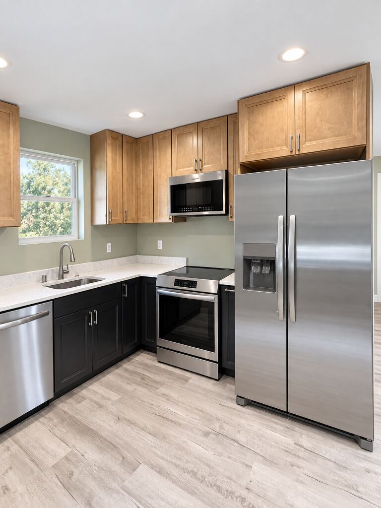 Remodeled kitchen with black base cabinets, maple uppers and stainless steel refrigerator in Port Orchard, WA